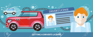 Cartoons man with driver license on the background of modern red car and road. Flat cartoon design style. For web banners, promotional materials, presentation templates